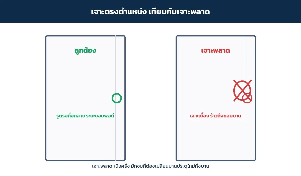 เปรียบเทียบเจาะรูตรงตำแหน่งกับเจาะพลาดบนบานประตู