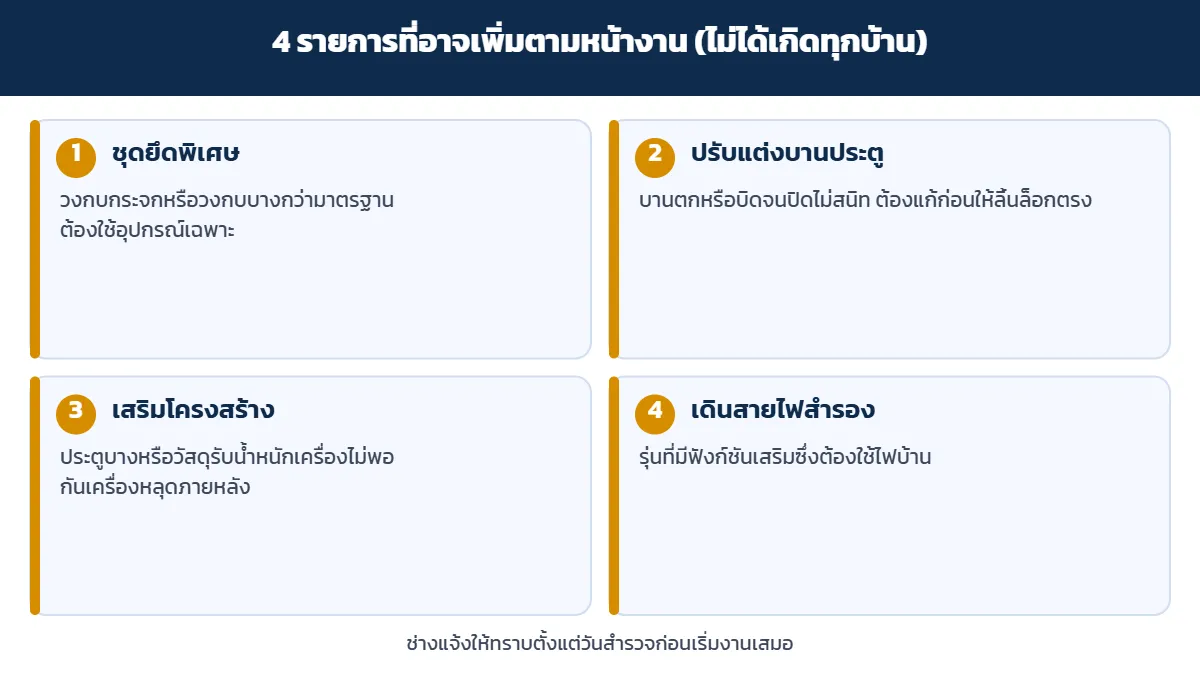 4 รายการที่อาจเพิ่มค่าติดตั้งกลอนดิจิทัลตามหน้างาน ชุดยึดพิเศษ ปรับบาน เสริมโครงสร้าง เดินสายไฟ