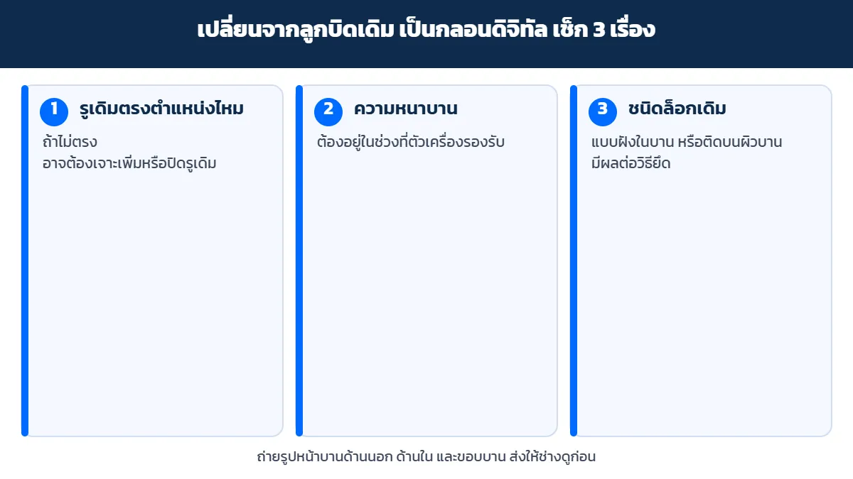 เปลี่ยนจากลูกบิดเดิมเป็นกลอนประตูดิจิทัล เช็กรูเดิม ความหนาบาน และชนิดล็อกเดิม