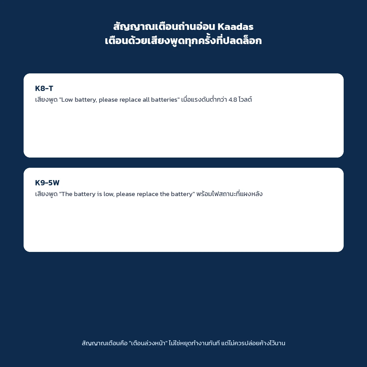 สัญญาณเตือนถ่านอ่อน Kaadas K8-T เสียงพูด Low battery K9-5W ไฟสถานะและเสียงเตือน